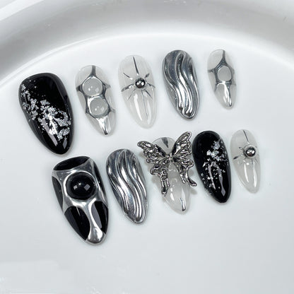 Simple Metal Hand-Painted ins European and American Style Almond Nail High-Grade Dark Sweet Cool Hot Girl Hand-Wear Nail