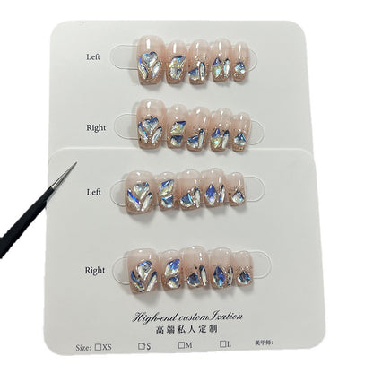 Summer Fresh Moonlight Blue Light Diamond Short Nail Stickers Detachable Fake Nails Handmade Wear Armor Wholesale