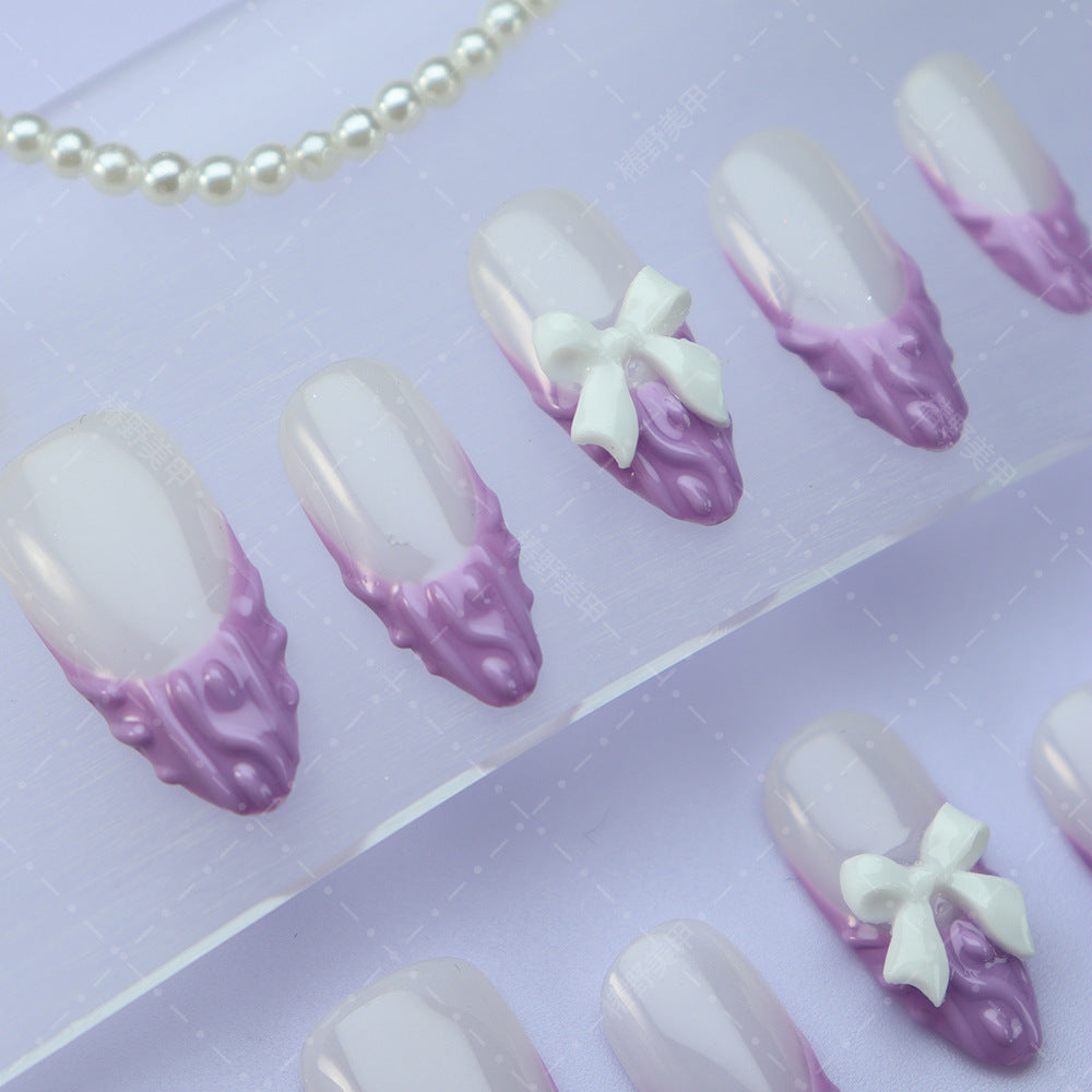 Popular Autumn and Winter Wear Nail White Fresh Purple Sweater Glossy Handmade Almond Nail Patch INS European and American Style