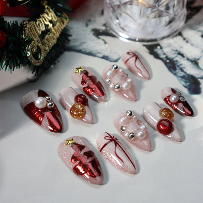 New Nail Beauty Wear Nail Hand-Painted Christmas Style Pearl Festive Cute White Fake Nails Handmade Detachable