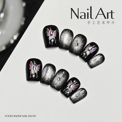 Handmade Wear Armor High-Grade Cat Eye Hand-Made Short Butterfly Nail Stickers Fake Nails Ten Finger Nail Tip Batch of Goods