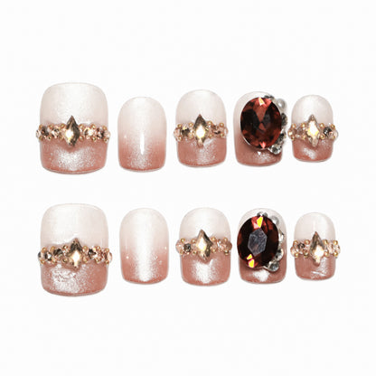 French Style Light Brown Cat's Eye Gradient Manicure Sweet College Style Wear Nail Rhinestone Flash Short Fake Nails Nail Tip