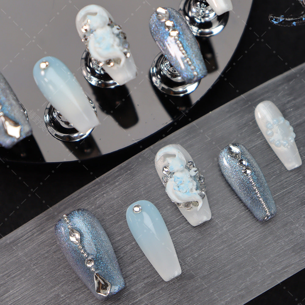 New UV Polish Wear Nail Flash Blue Purple Gradient Cat Eye Nail Sticker White Fox Rhinestone Dream Wear Nail Detachable