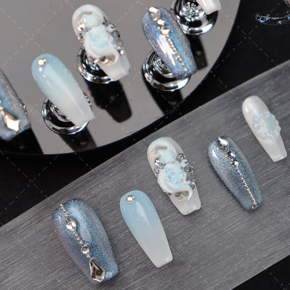 New UV Polish Wear Nail Flash Blue Purple Gradient Cat Eye Nail Sticker White Fox Rhinestone Dream Wear Nail Detachable