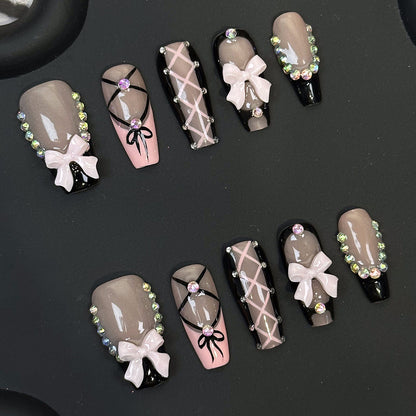 Cross-Border Hot Selling European and American Coffin-Shaped Handmade Wear Nail Ballet Shoes Bow Nail Black Nail Patch