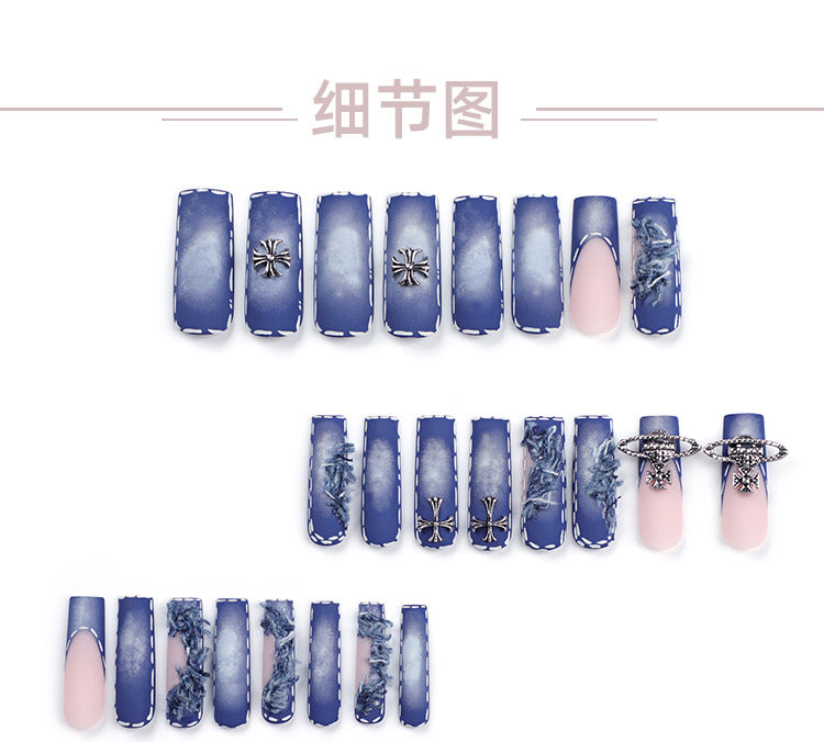 Ripped Denim Blue Wear Nail Cross Tassel Manicure French Super Long Removable Nail Tip Finished Product Wholesale