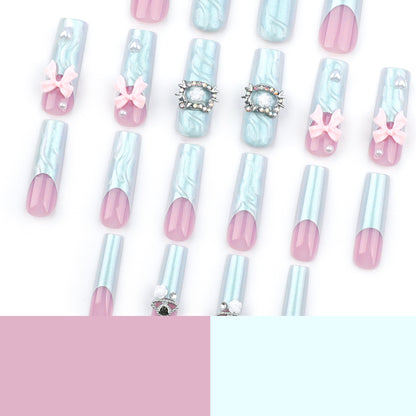 3D French Manicure Fake Nail Tip Nail Tip Three-Dimensional Pink Bow Wearing Nail Cat Spot Drill Removable Nail Tip Finished Product