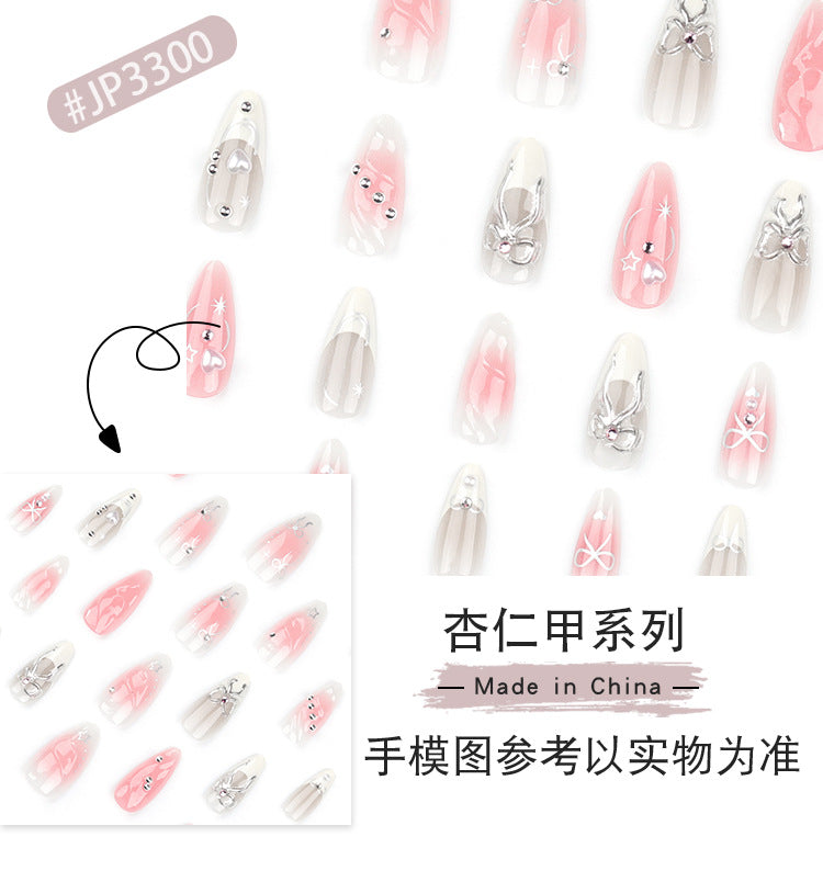 24Piece Pack3D Bow Manicure Three-Dimensional Handmade Magic Mirror Effect Powder Wear Nail French Love Blush Fake Nails Nail Tip