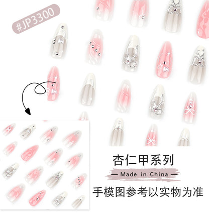 24Piece Pack3D Bow Manicure Three-Dimensional Handmade Magic Mirror Effect Powder Wear Nail French Love Blush Fake Nails Nail Tip