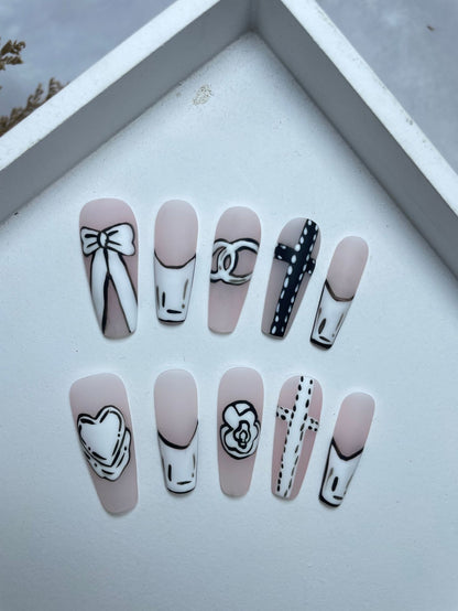 Handmade Wear Nail New Arrival Classic Nude Hand-Painted Two-Dimensional Classic Style High Class Elegant Long Manicure