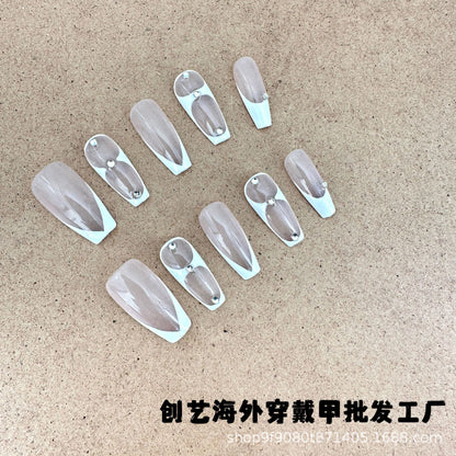 Minimalist French Pure White Minimalist Rhinestone Handmade Wear Armor Nail Stickers Overseas Cross-Border Finished Products Wholesale