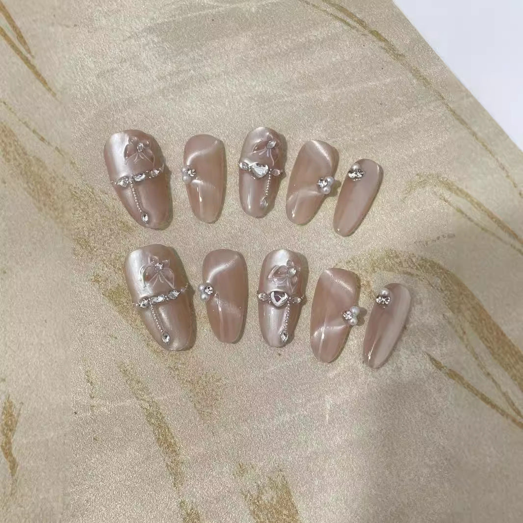 【Moon Shadow Star River】Handmade Wear Nail Powder Ribbon Cat Eye Autumn and Winter White High Class Elegant Mid-Length Manicure