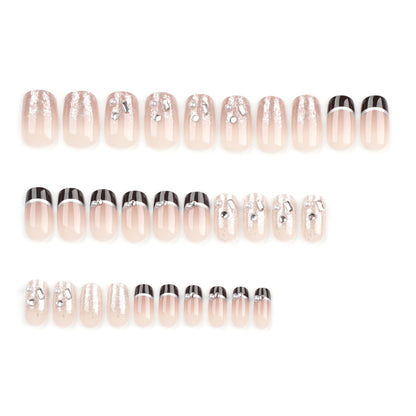 30Simple French Style Black Nail Tips Glitter Gradient Rhinestone Flash Wear Nail Pearl Fake Nails