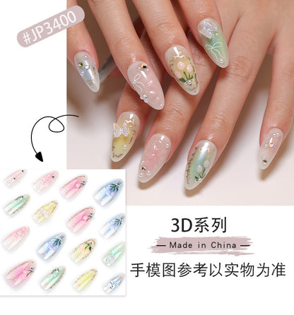 Summer Little Fresh Flower Wear Manicure Butterfly Blooming Fake Nails Short Almond Type Nail Tip Wear Nail Wholesale