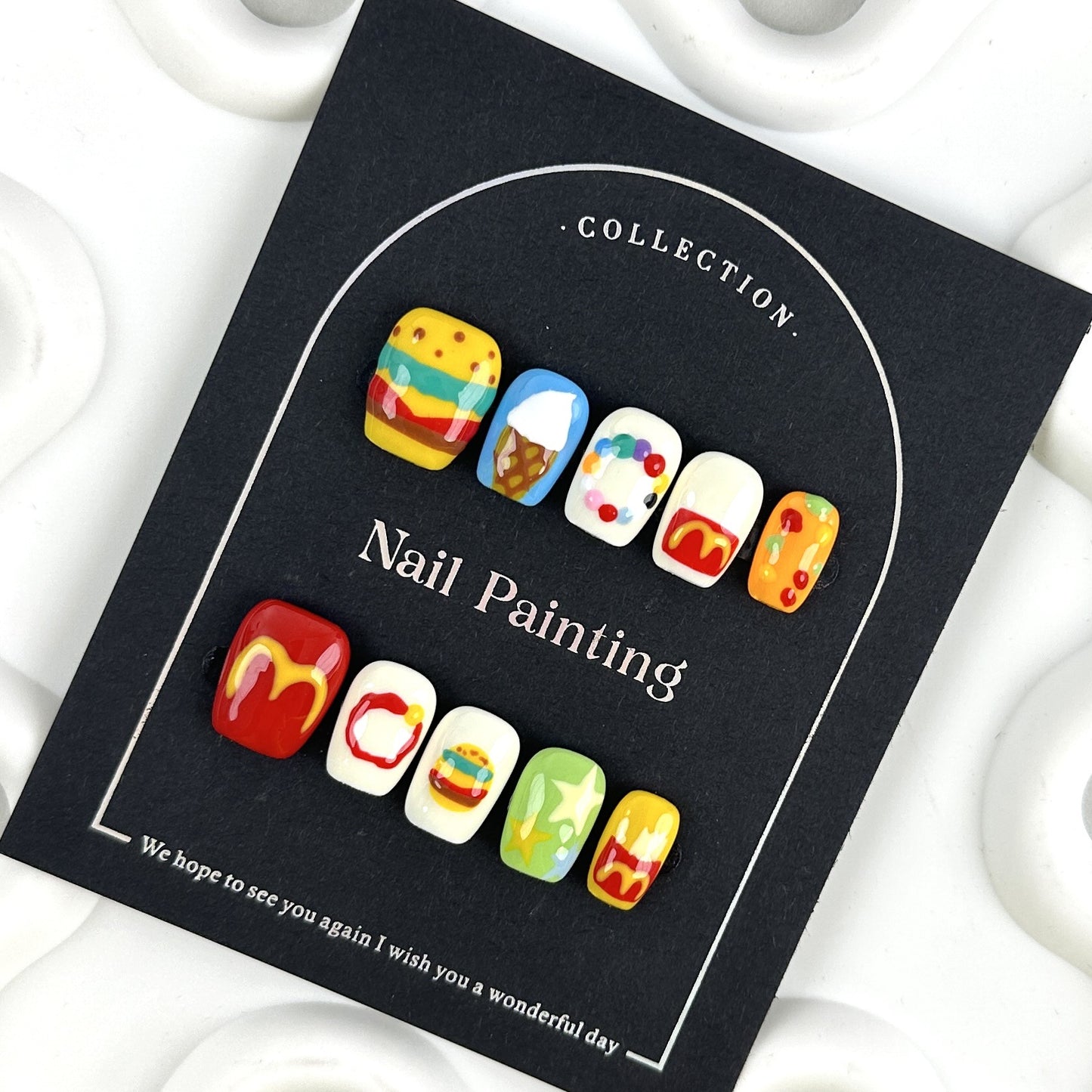 Cartoon Hamburger Hand-Painted Summer New Unique Handmade Wear Armor Nail Stickers Overseas Cross-Border Finished Products Wholesale