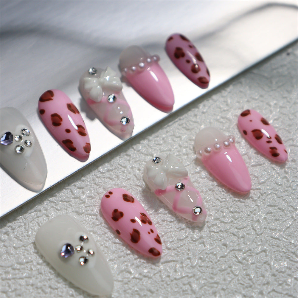 Hot Girl Sweet Cool Leopard Pattern Handmade Wear Armor French Pearl Ballet Style Sweet Girl Nail Stickers Phototherapy Detachable