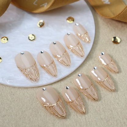 New Hot Sale Wear Nail Sticker French Small Diamond Gold Powder Grit Rendering Golden Lines Almond-Shaped Bride Nail Hands