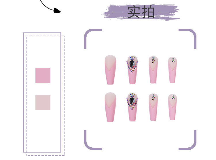 French Long Ballet Blue Rhinestone Temperament Wear Finished Nail Beauty Fake Nails Nail Stickers Foreign Trade Cross-Border Direct Supply