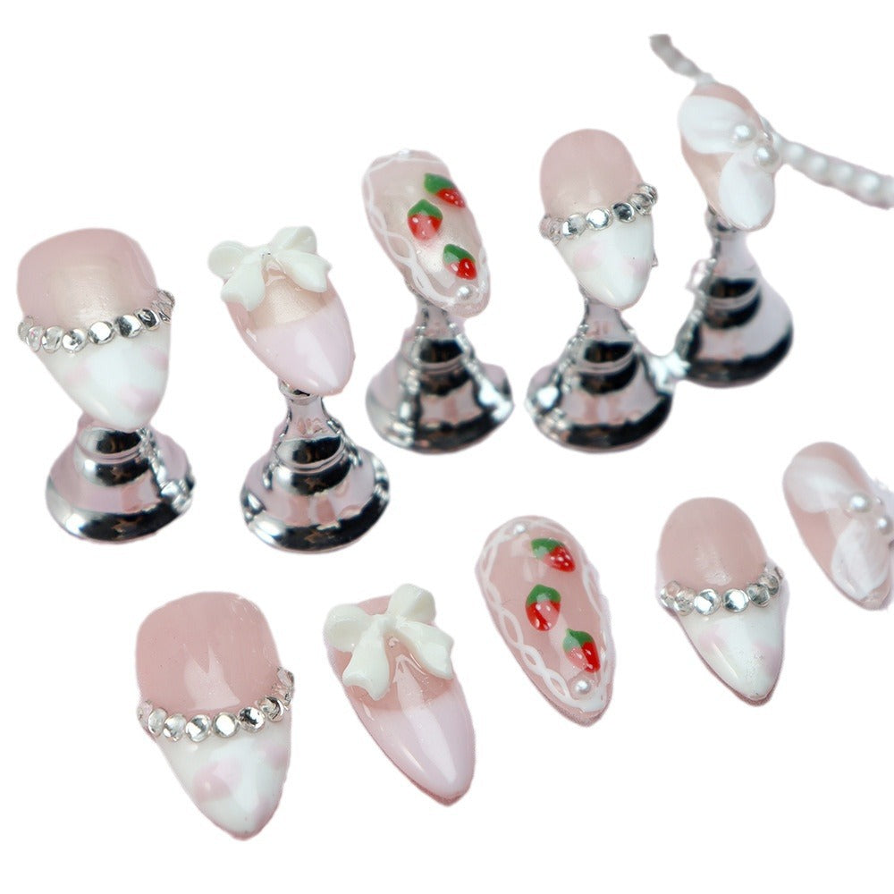 Detachable Wear Nail Tip Strawberry Girl Three-Dimensional Bow French Wear Nail Tip Finished Handmade