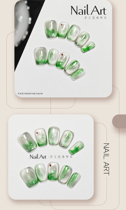 Handmade Wear Armor High-Grade White Blooming Green Cute Short Nail Stickers Handmade Fake Nail Tip Wholesale