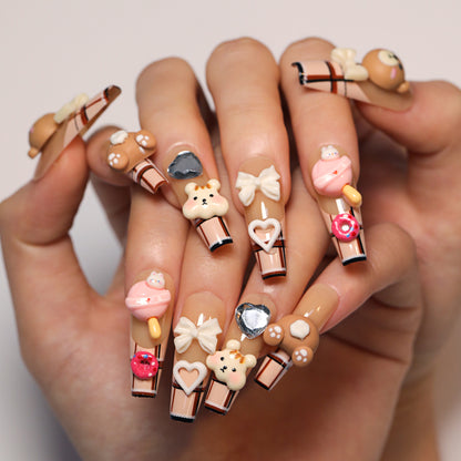 Cartoon Cute Bear Manicure French Plaid Fake Nails Three-Dimensional Bow Brown Wear Wearable Nail Tip Wholesale