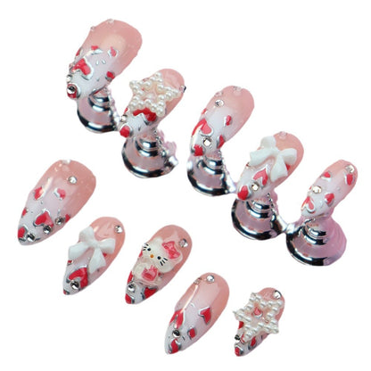 Popular Wear Armor Handmade Advanced Handmade Almond-Shaped Cartoon Cat Bow Love Smudges Nail Stickers10Piece Pack