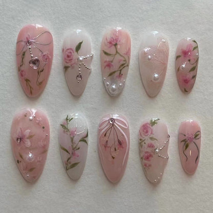 Summer New Monet Manicure Sweet Pink Blooming Rose Wear Nail Polish Short Almond Fake Nails